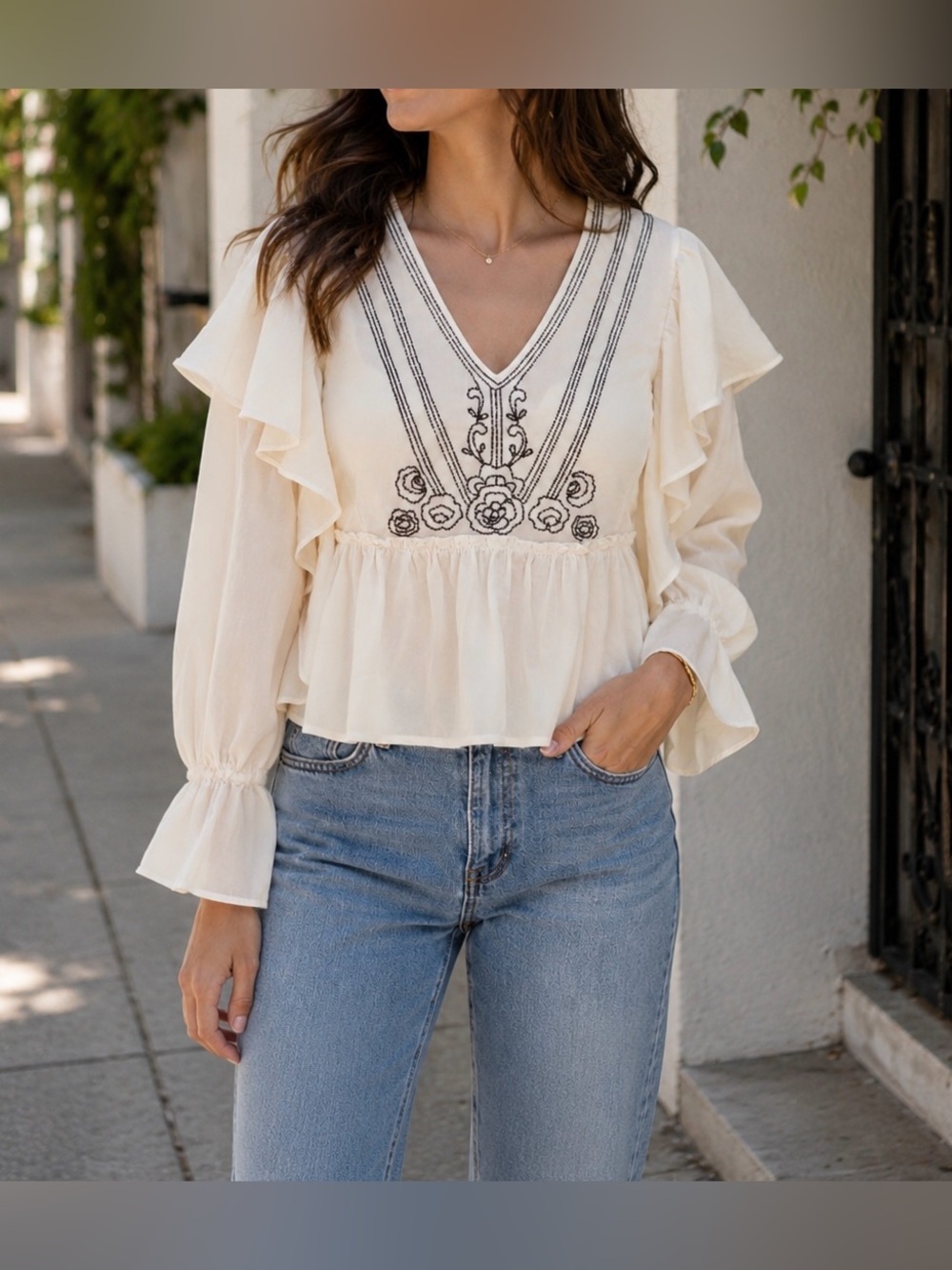 Altar'd State Cream V-Neck Silver Beading Ruffle Peplum Blouse - Size XXL - NWT